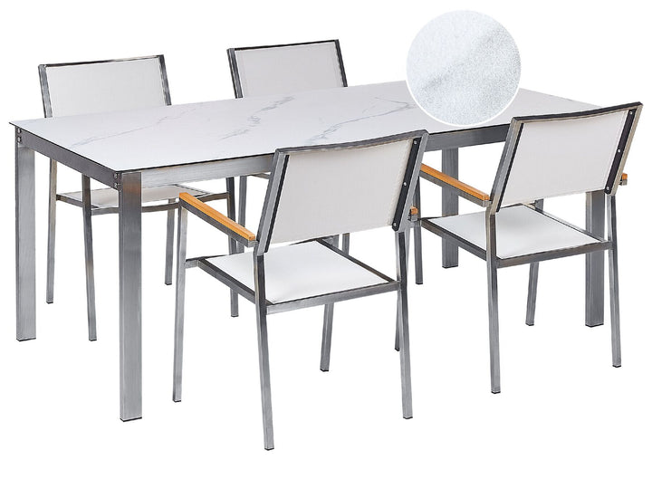 Cosoleto/Grosseto Garden Dining Set 4 Seater Tempered Glass Marble Effect White Marble