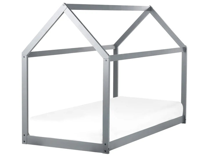 Gray house-shaped bed frame on a white background