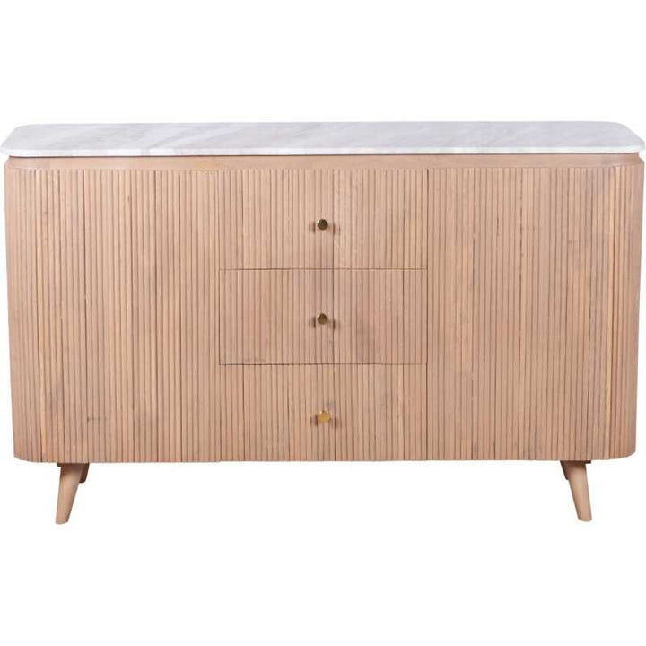 Wooden sideboard with marble top on a white background