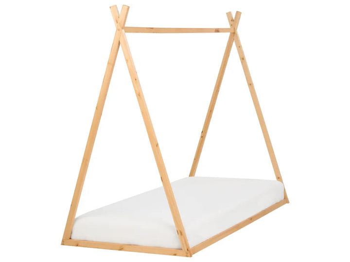 Wooden teepee-style bed frame with white mattress on a white background