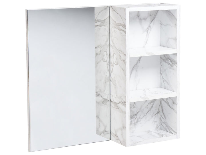 Corner cabinet with marble pattern on a white background