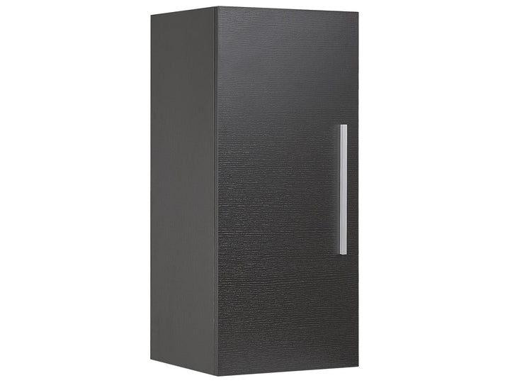 Black textured cabinet with a silver handle on a white background