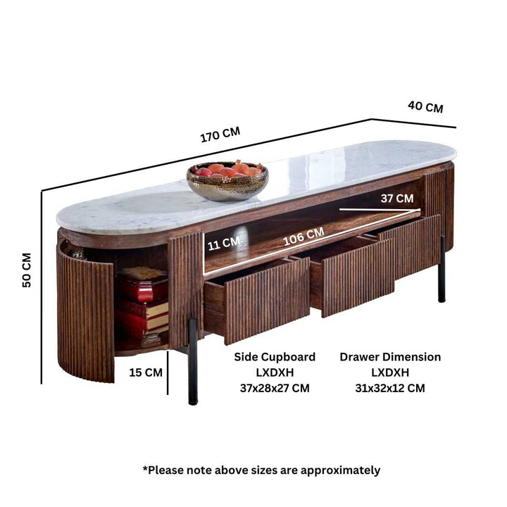Opal Mango Wood Large TV Stand With Marble Top & Metal Legs