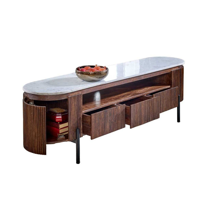Opal Mango Wood Large TV Stand With Marble Top & Metal Legs