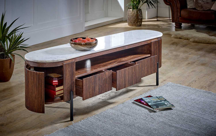 Opal Mango Wood Large TV Stand With Marble Top & Metal Legs