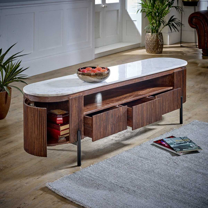 Opal Mango Wood Large TV Stand With Marble Top & Metal Legs