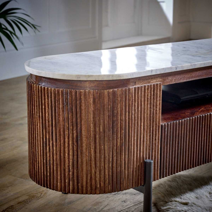 Opal Mango Wood Large TV Stand With Marble Top & Metal Legs