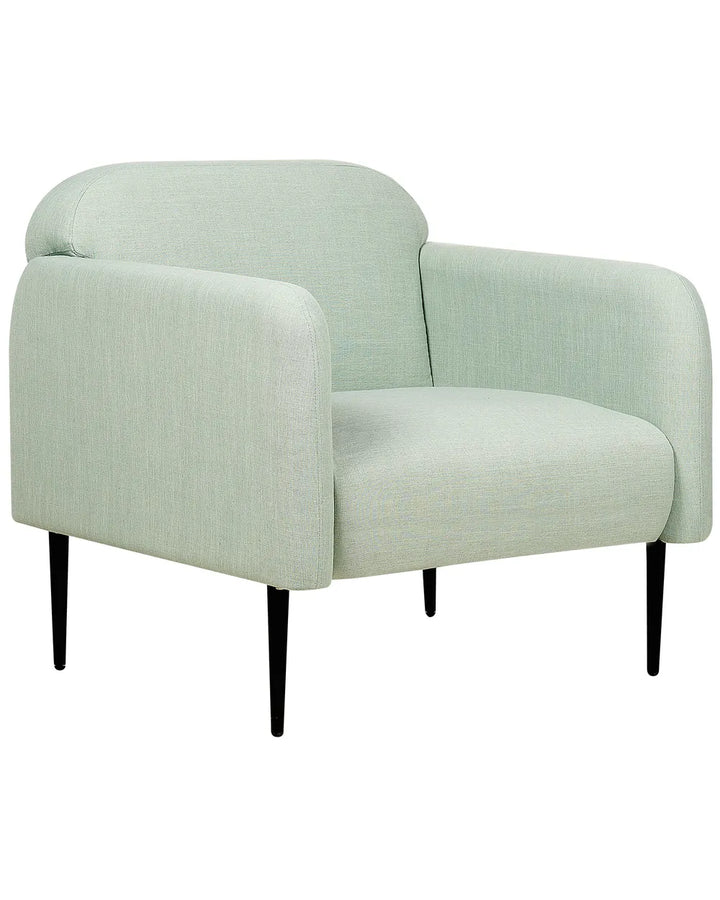 Light green armchair with black legs on a white background