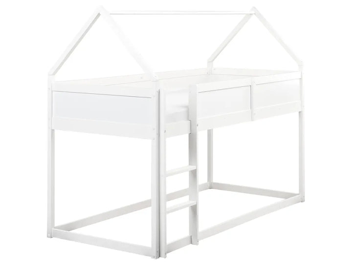 White children's bed with a house-shaped top on a white background