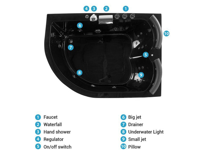 Left Hand Whirlpool Corner Bath with LED 1580 x 1130 mm Black Paradiso
