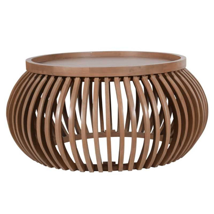 Wooden side table with wicker-like design on a white background