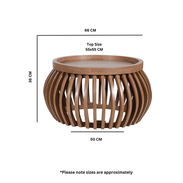 Wooden side table with dimensions on a white background
