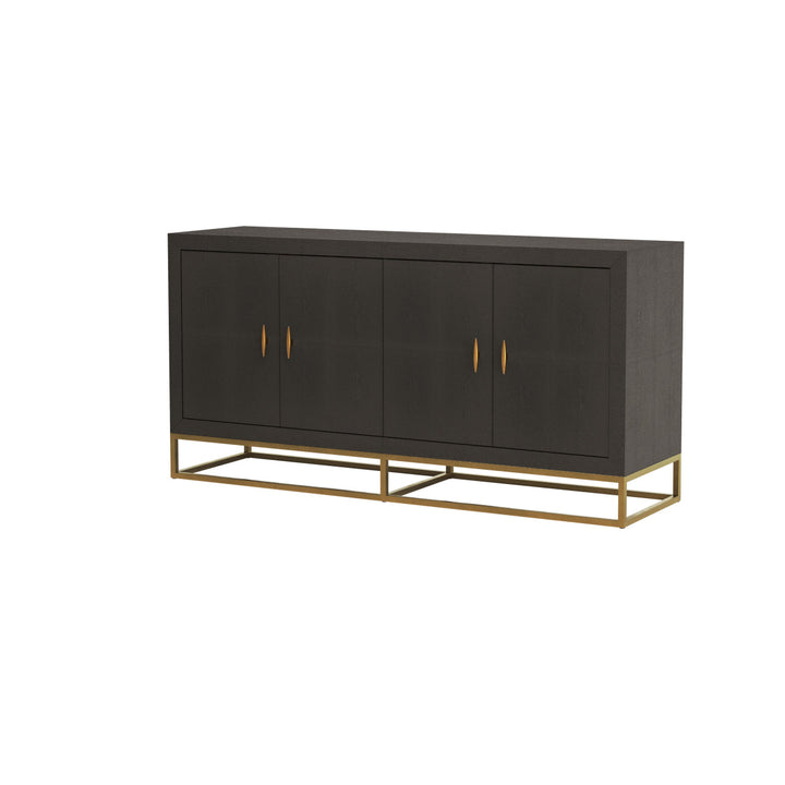 Dark gray cabinet with gold legs and handles on a white background
