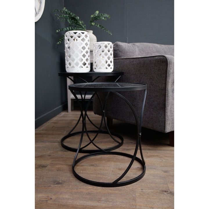 Concaved Set Of Two Black Mirrored Side Tables