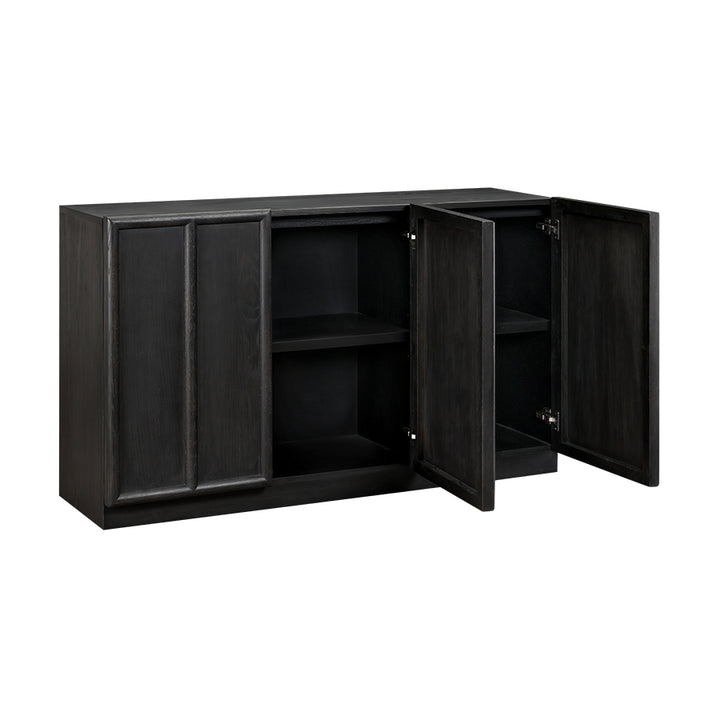 Black storage cabinet with open doors on a white background