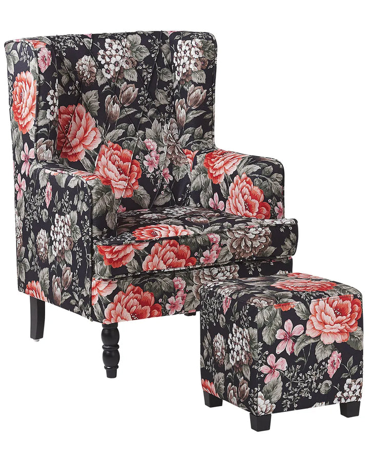 Floral-patterned chair and ottoman set on a white background