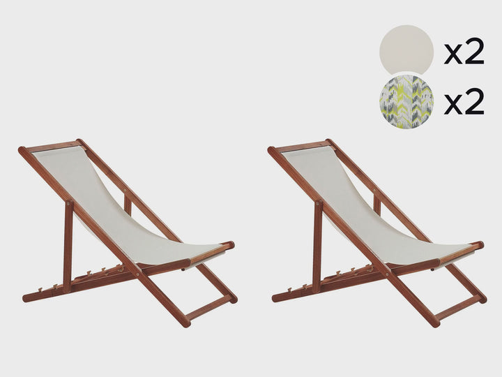 Set of 2 Acacia Folding Deck Chairs and 2 Replacement Fabrics Dark Wood with Off-White / Yellow and Grey Pattern Rima