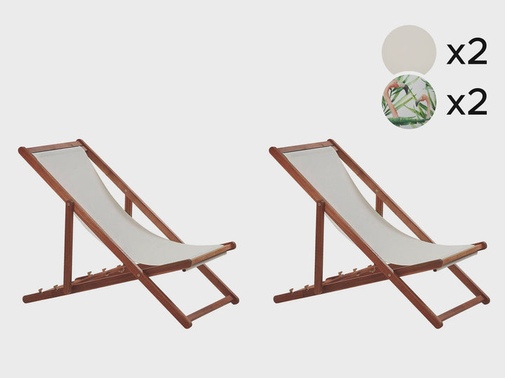 Set of 2 Acacia Folding Deck Chairs and 2 Replacement Fabrics Dark Wood with Off-White / Flamingo Pattern Deardoff