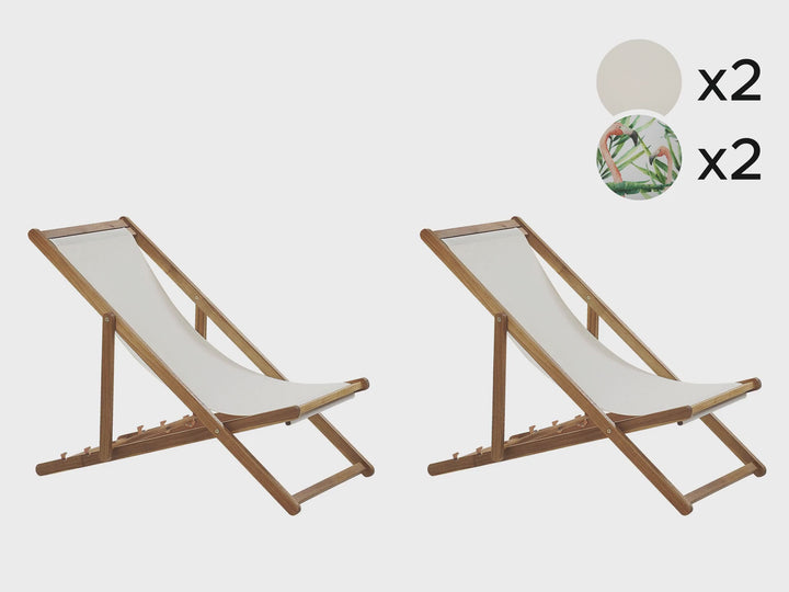 Set of 2 Acacia Folding Deck Chairs and 2 Replacement Fabrics Light Wood with Off-White / Flamingo Pattern Creger