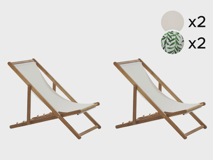 Set of 2 Acacia Folding Deck Chairs and 2 Replacement Fabrics Light Wood with Off-White / Leaf Pattern Leotina