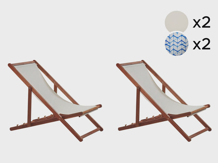 Set of 2 Acacia Folding Deck Chairs and 2 Replacement Fabrics Dark Wood with Off-White / White and Blue Pattern Gulfasa