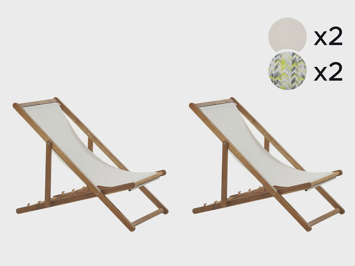 Set of 2 Acacia Folding Deck Chairs and 2 Replacement Fabrics Light Wood with Off-White / Yellow and Grey Pattern Isanti