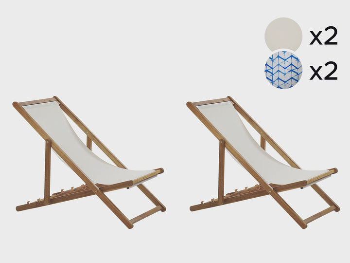 Set of 2 Acacia Folding Deck Chairs and 2 Replacement Fabrics Light Wood with Off-White / White and Blue Pattern Dargan