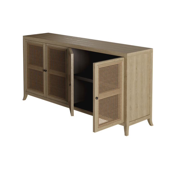 Wooden cabinet with open doors on a white background