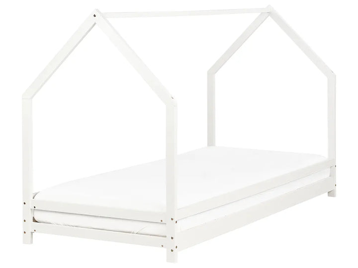 White wooden house-shaped bed frame on a white background