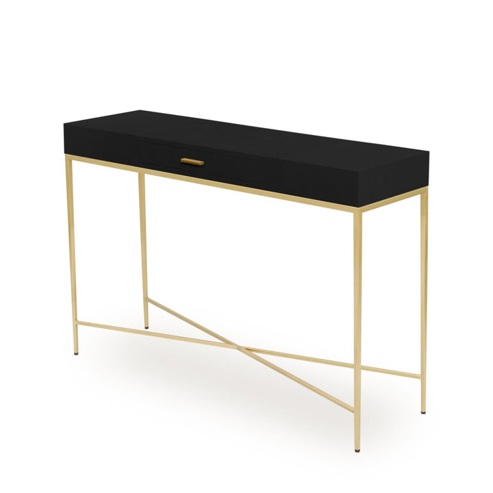 Black console table with gold legs on a white background