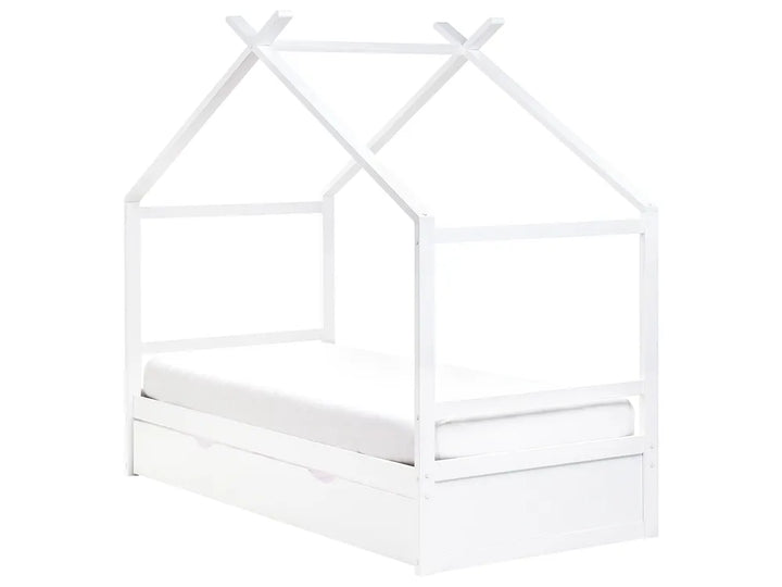 White children's bed with a house design on a white background