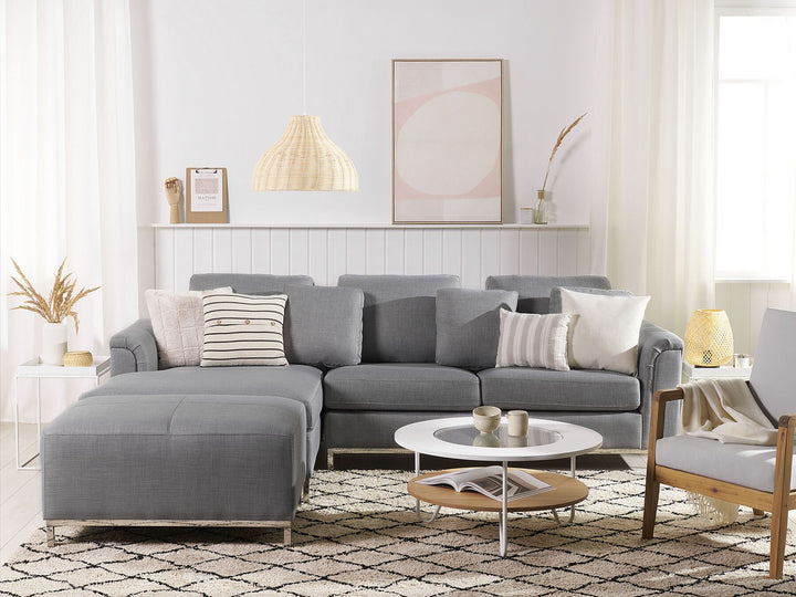 Right Hand Fabric Corner Sofa with Ottoman Light Grey Oslo