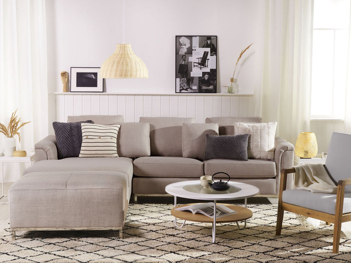 Right Hand Fabric Corner Sofa with Ottoman Beige Oslo