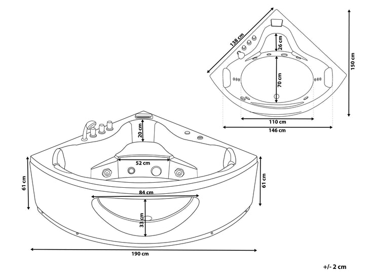 Whirlpool Corner Bath with LED 1900 x 1500 cm Black Tocoa