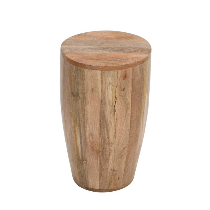 A round, solid mango wood drum side table with a natural finish, featuring a distinctive drum-shaped design and a visible grain pattern.
