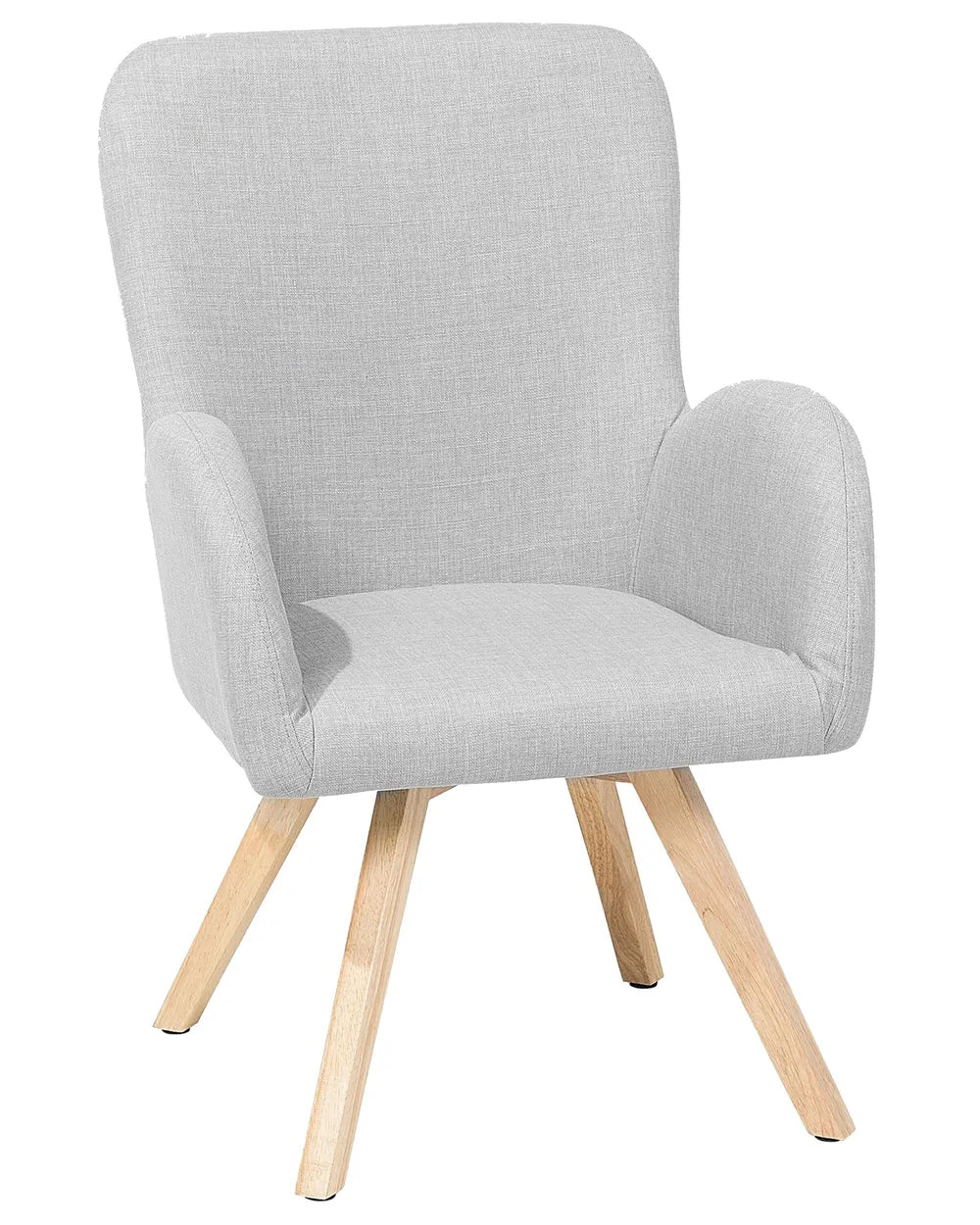 Gray upholstered chair with wooden legs on a white background
