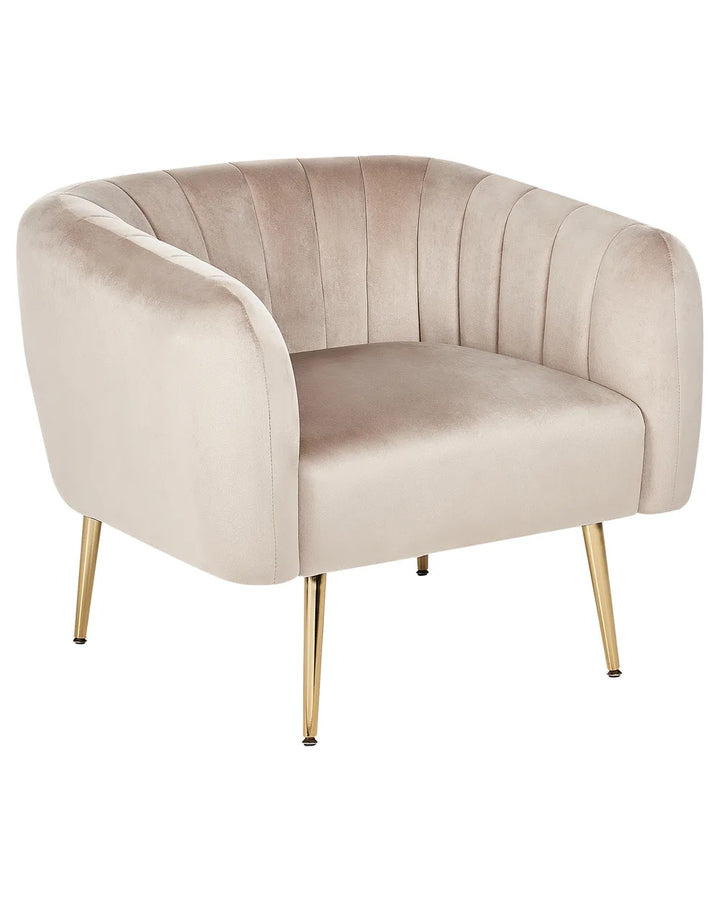 Beige armchair with gold legs on a white background