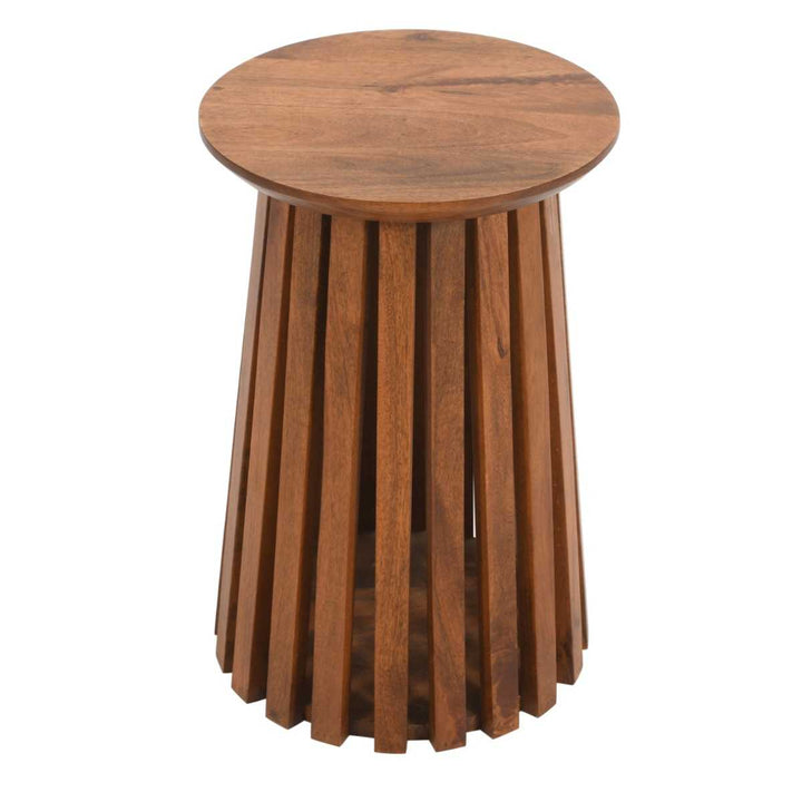 A round side table made of mango wood with a slatted design on the pedestal base and a smooth, dark brown finish on the top and base.