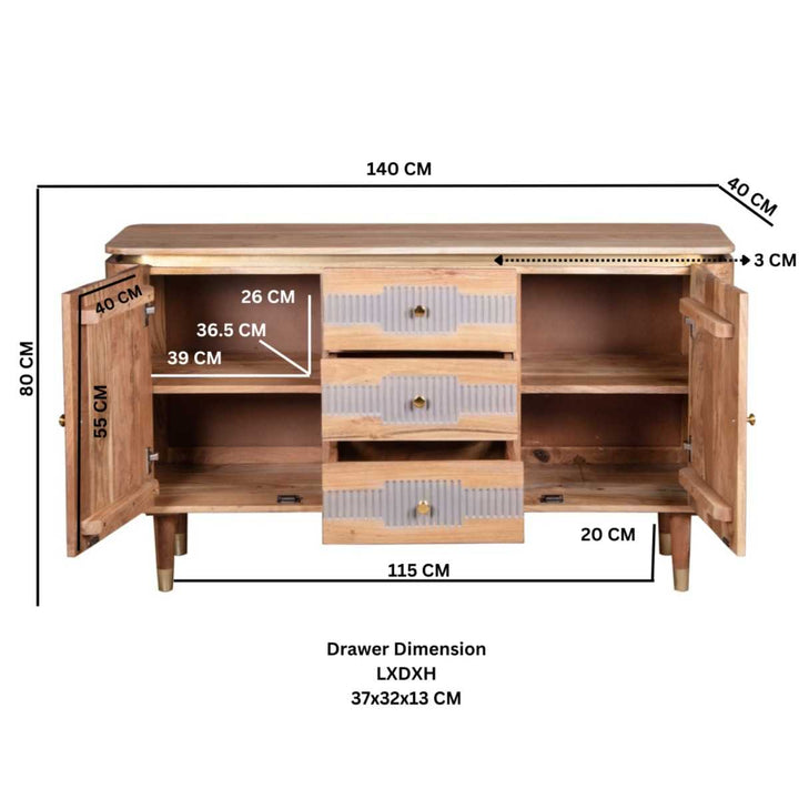 Wilton Rustic Acacia Solid Wood 2 Door 3 Drawer Sideboard with Grey Detail