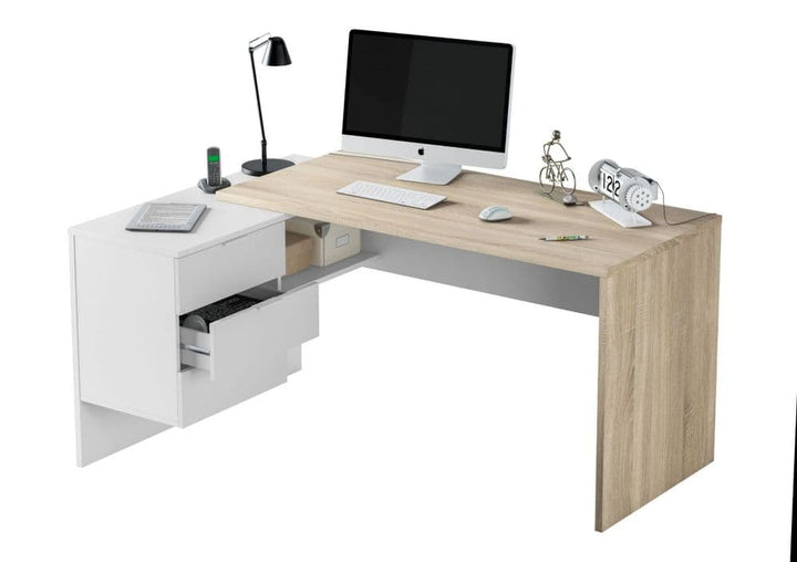 Mensa White and Oak Large Corner Desk with Darwers