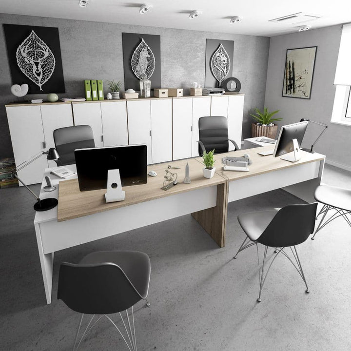 Mensa White and Oak Large Corner Desk with Darwers