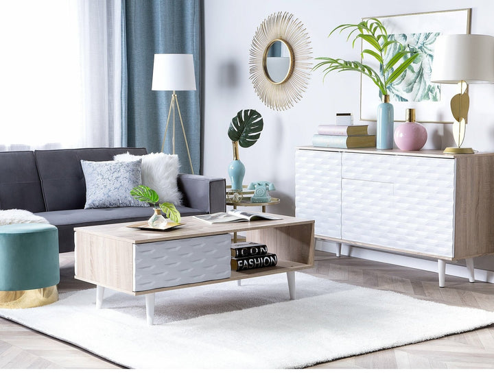 Coffee Table with Drawer White and Light Wood SWANSEA