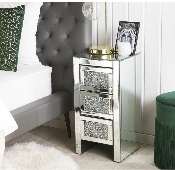 3 Drawer Mirrored Bedside Table Silver LORAY