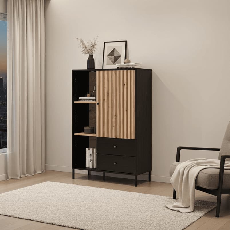 Fabian Slatted Artisan Oak Effect Black Low Display Cabinet