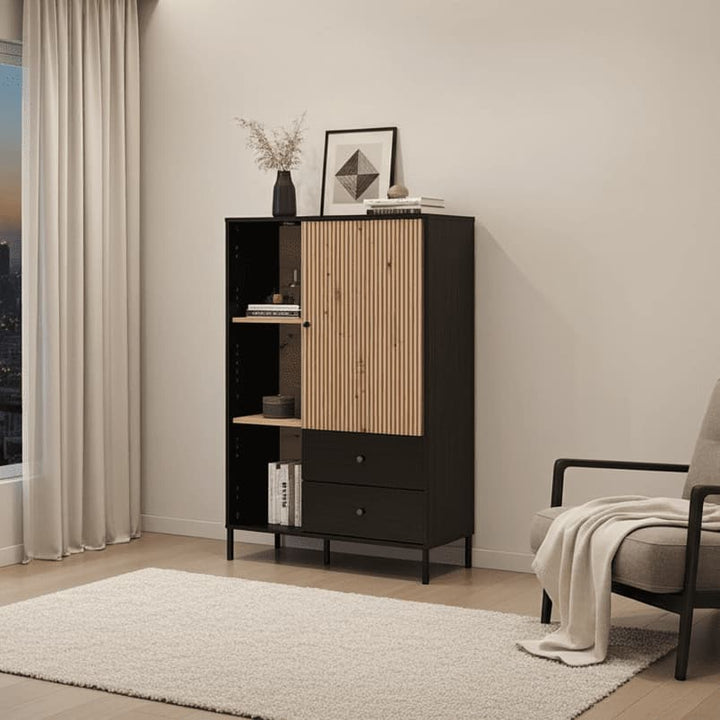 Fabian Slatted Artisan Oak Effect Black Low Display Cabinet