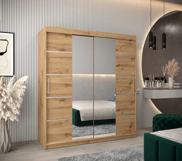 Verona 04 Contemporary 2 Mirrored Sliding Door Wardrobe 9 Shelves 2 Rails Oak Artisan Effect