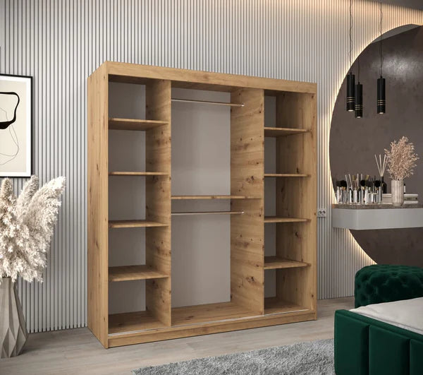 Verona 04 Contemporary 2 Mirrored Sliding Door Wardrobe 9 Shelves 2 Rails Oak Artisan Effect