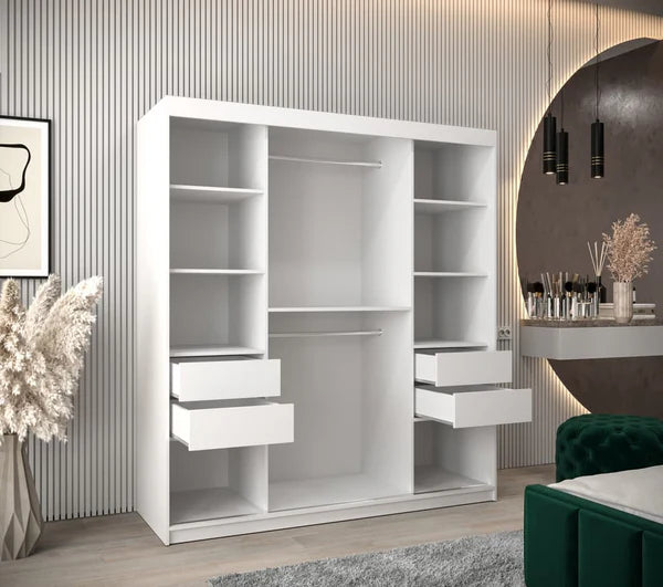 Verona 04 Contemporary 2 Mirrored Sliding Door Wardrobe 9 Shelves 2 Rails White Matt