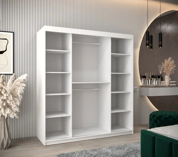 Verona 04 Contemporary 2 Mirrored Sliding Door Wardrobe 9 Shelves 2 Rails White Matt