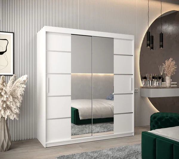 Verona 04 Contemporary 2 Mirrored Sliding Door Wardrobe 9 Shelves 2 Rails White Matt